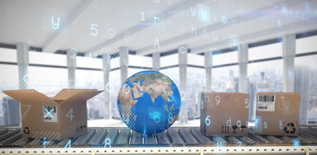 Virus background against modern room overlooking cityの写真素材