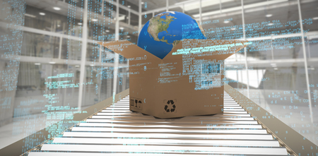 Blue codes against modern room overlooking cityの写真素材