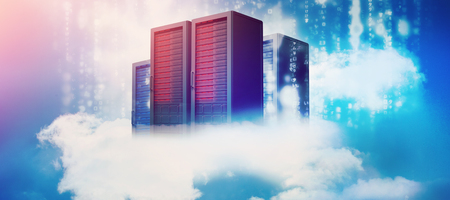 Digitally generated image of server racks against sky and cloudの写真素材