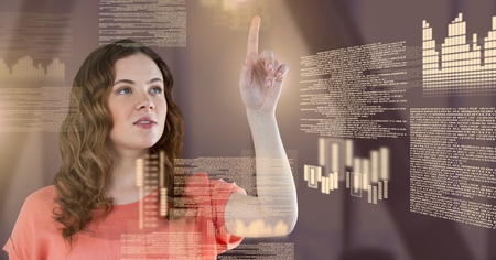 Digital composite of Businesswoman touching screen text interfaceの写真素材