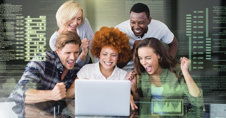 Digital composite of Group of people working on laptop with screen text interfaceの写真素材