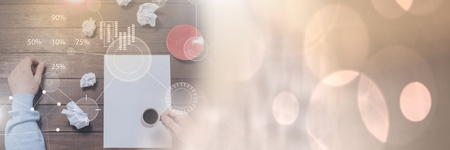 Digital composite of Business Overlay Interface with hands and coffee with transition