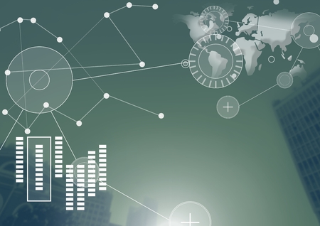 Digital composite of Interface overlay of connection statistics graphics with buildings background