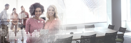 Digital composite of Business Overlay Interface with women and laptop with transitionの写真素材