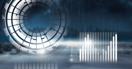 Digital composite of Statistic charts and dark city background