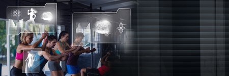 Digital composite of Athletic fit group of people in gym with health interfaceの写真素材