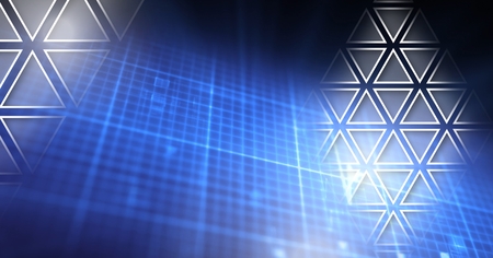 Digital composite of Triangle polygons interface over glowing gridの写真素材