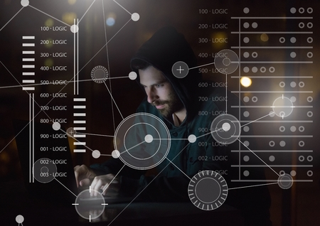 Digital composite of Business Overlay Interface with businessman and laptop