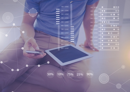 Digital composite of Business Overlay Interface with businessman and phone and tablet