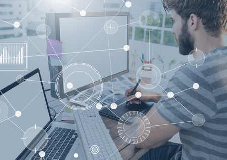 Digital composite of Business Overlay Interface with man and computerの写真素材