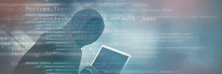 Hacker using laptop against blue code