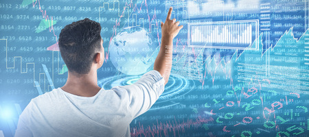 Man pretending to touch an invisible screen against white background against digitally generated...