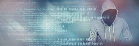 Robber in gray hoodie with hands in pockets against blue code