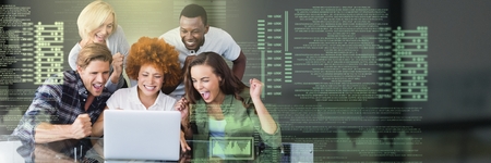 Digital composite of Group of people working on laptop with screen text interfaceの写真素材