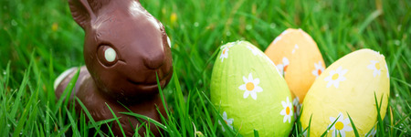 Chocolate bunny in the grass with three wrapped easter eggs