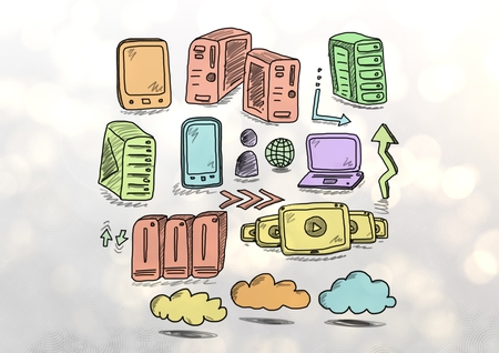 Digital composite of Servers network drawing doodlesの写真素材
