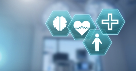 Digital composite of medical hexagon interface in hospitalの写真素材