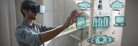 Businessman looking though virtual reality simulator against white background against stylish modern home interior with staircaseの写真素材