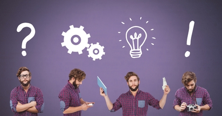 Digital composite of Man thinking in sequence with ideas and brainstorm process iconsの写真素材