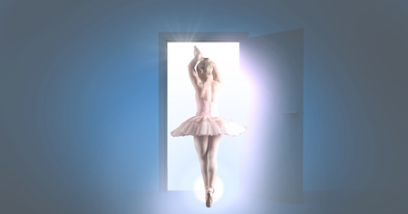 Digital composite of Ballet dancer and open door light sourceの写真素材