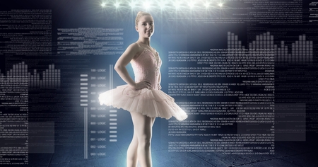 Digital composite of Ballet dancer dancing with digital technology interface and glowing sparkling lightの写真素材