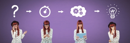 Digital composite of Woman thinking in sequence with ideas and brainstorm process icons