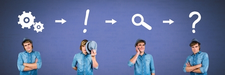 Digital composite of Man thinking in sequence with ideas and brainstorm process icons