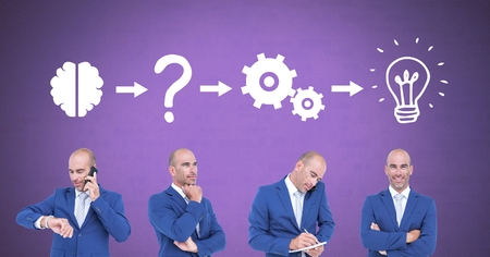 Digital composite of Businessman thinking in sequence with ideas and brainstorm process icons