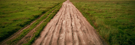 Tyre tracks on the muddy path passing through green landscapeの写真素材