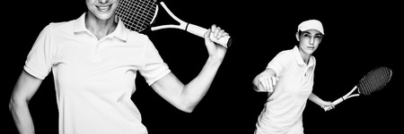 Composite image of female athlete playing tennisの写真素材