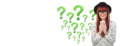 Digital composite of Woman with coffee thinking with green shiny question marks