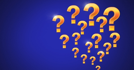 Digital composite of gold question marks with blue backgroundの写真素材