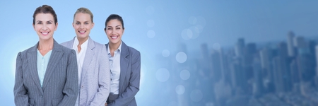 Digital composite of Business people and City buildings with flare light sourceの写真素材