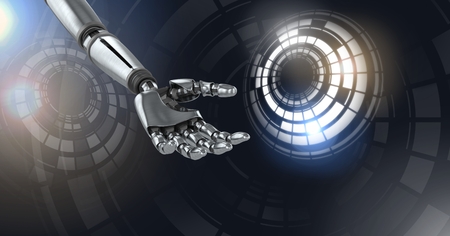 Digital composite of Robotic android hand and Glowing circle technology interfaceの写真素材