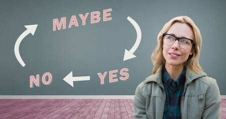 Digital composite of Woman thinking Yes No Maybe text with arrows graphic on wall