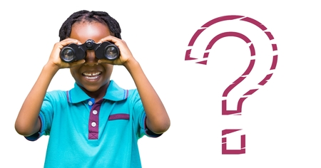 Digital composite of Kid Boy using binoculars with stencil question mark