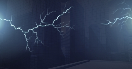 Digital composite of Lightning strikes and dark city background