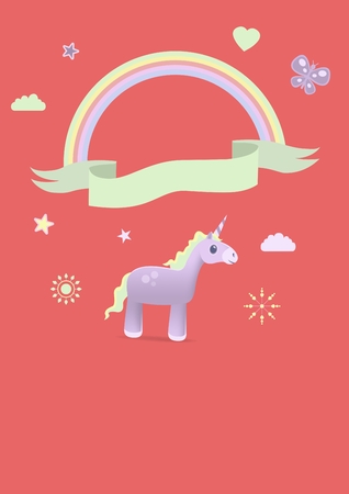 Digital composite of Unicorn illustration and rainbow bannerの写真素材