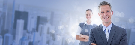 Digital composite of Business people and City buildings with flare light sourceの写真素材