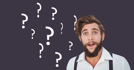 Digital composite of Man thinking with question marksの写真素材