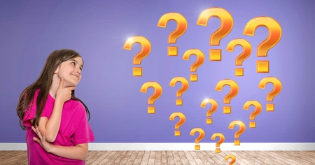 Digital composite of Woman thinking with gold question marksの写真素材