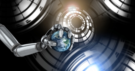 Digital composite of Robotic android hand holding world earth and Glowing circle technology...
