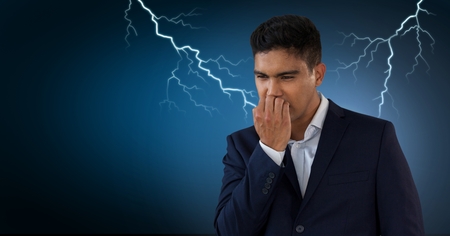 Digital composite of Lightning strikes and scared afraid manの写真素材