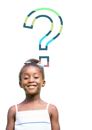Digital composite of Kid Girl with colorful question markの写真素材