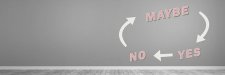 Digital composite of Yes No Maybe with arrows graphic on wall