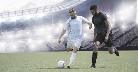 Digital composite of Soccer players on grass with stadium and football