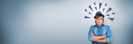 Digital composite of Grumpy angry man with triangle doodles on blue background