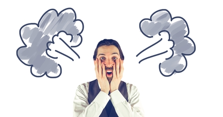 Digital composite of Surprised man with billowing smoke doodles