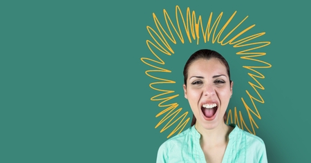 Digital composite of Screaming woman with doodle circle on green background