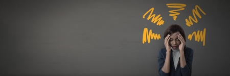 Digital composite of Stressed headache woman with yellow doodles on grey background